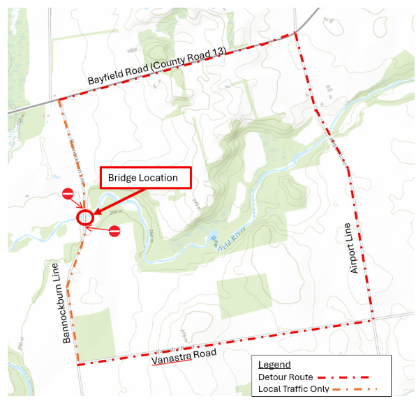 detour map showing Bannockburn Line open to local traffic only on either side of the bridge